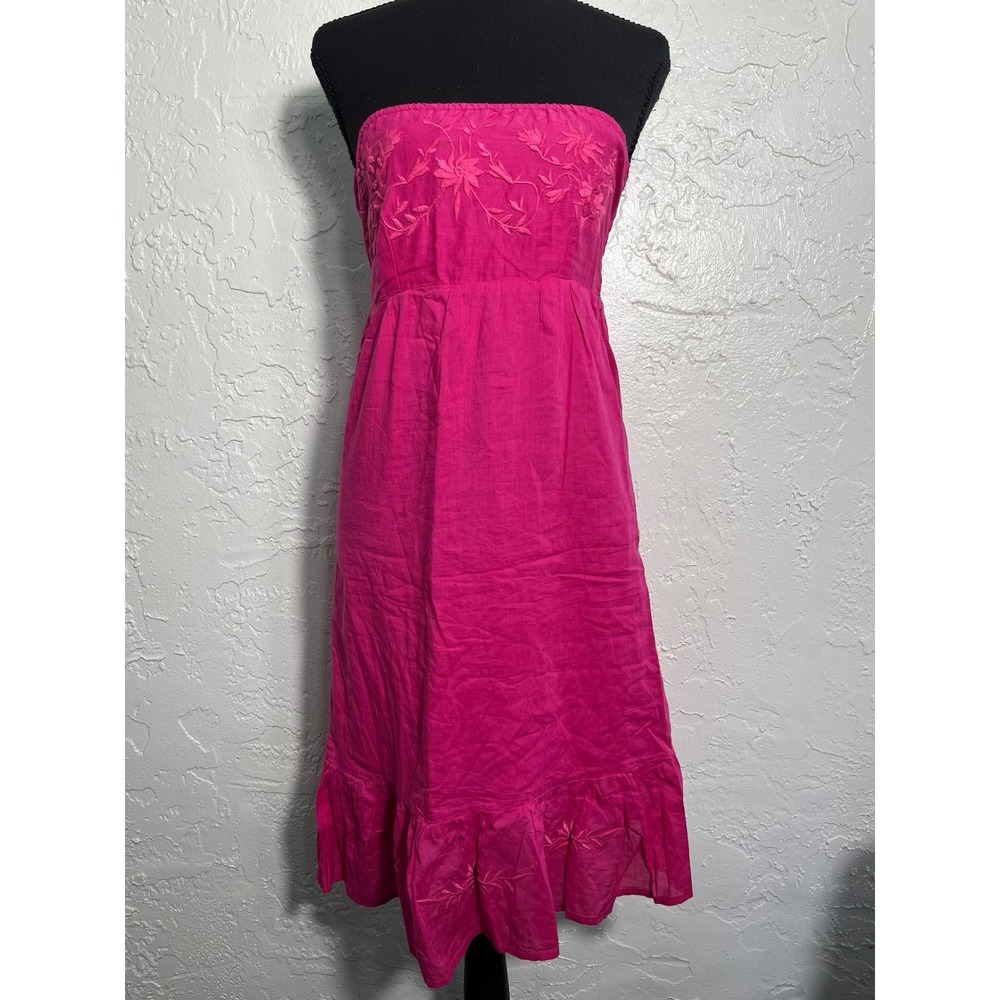Ocean Breeze Pink‎ Cotton Strapless Embroidered Smocked Midi Dress Womens Small